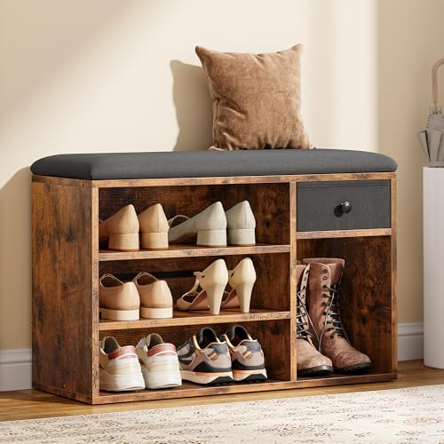 YITAHOME Shoe Bench, Storage Bench with Padded Seat, with Cushion, Shoe Storage Bench with Drawer and Open Compartments, for Living Room, Hallway, Brown and Black