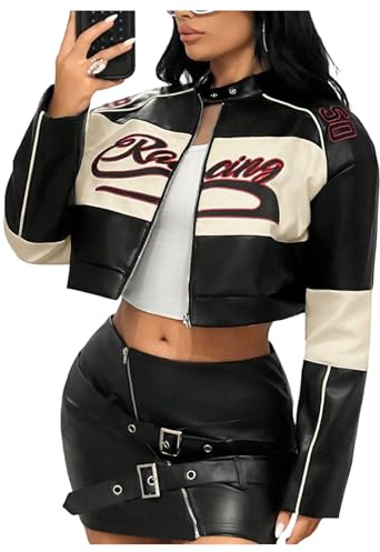 SOLY HUX Women's Faux Leather Zip Up Crop Jackets Graphic Long Sleeve Shirts Motorcycle Outerwear Black Beige Graphic Medium