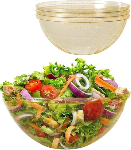 Goodluck 4 Pack 150 oz Glitter Gold Plastic Serving Bowls, Reusable 11.6 Salad Bowls for Crisps, Candy & Snacks, Stackable Buffet Containers for Weddings, Party & Events