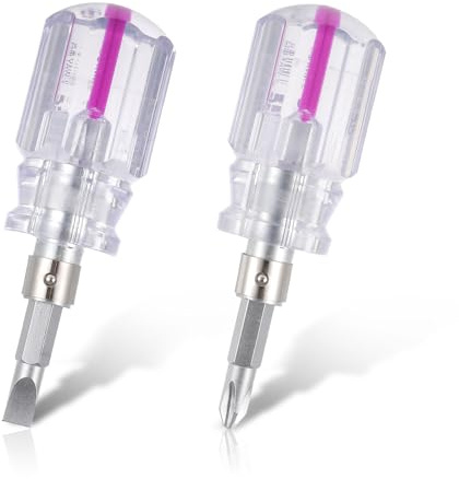 LXUEJIE 2 PCS Flat & Cross Head Screwdrivers, Purple Stubby Small Magnetic Screwdrivers Set Pocket Slotted & Cross Repair Tool for Tight Spaces DIY Home Car Electronics