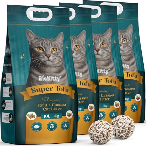 Tofu Clumping Cat Litter 10L - Unscented, Eco-Friendly, Natural & Dust-Free - Biodegradable, Non-Toxic, Ultra Absorbent Flushable Cat Litter for Kittens & Adult Cats (Pack of 4, Super Tofu)