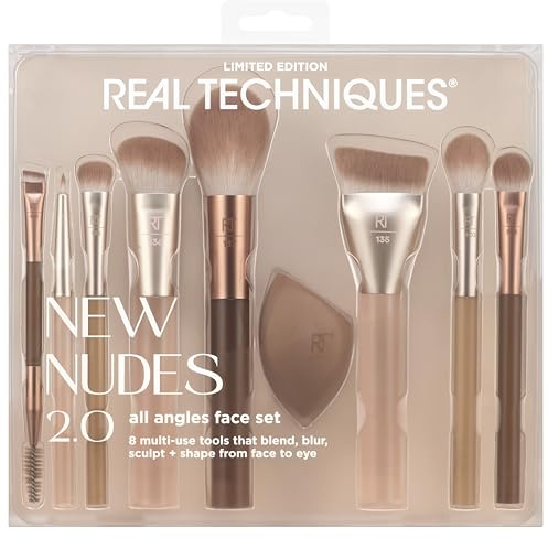 Real Techniques New Nudes 2.0 All Angles Face 10 Piece Set, Face & Eye Makeup Brushes, Includes Makeup Sponge, For Foundation, Concealer, Blush & Eyeshadow, Cruelty-Free