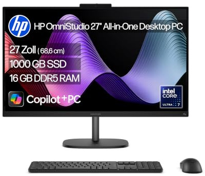 HP OmniStudio X 27-cx0272ng All-in-One KI PC, 27 Zoll Entspiegeltes FHD-Display, Intel Core Ultra 7 356H, 16 GB DDR5-SDRAM, 1 TB SSD, Intel Arc Graphics, Windows 11 Home, QWERTZ Tastatur, Silber