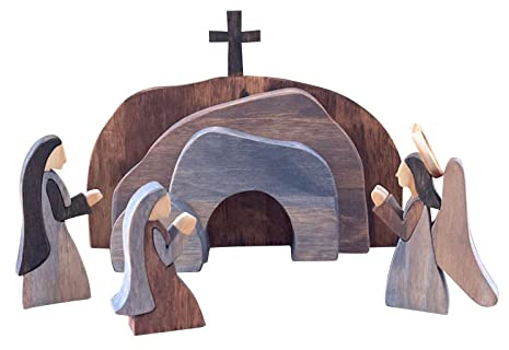 Osterkrippe Holz Osterszene Dekoration, Handgefertigte Jesus Krippe Holzkreuz Osterfigur Auferstehungs Szenen Set, Ostern Jesus SchildTablett Dekorationen für Zuhause Tischplatte Büro