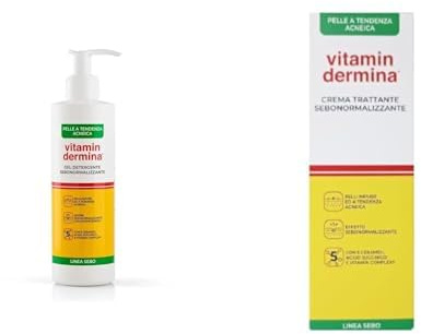 Bundle VITAMINDERMINA Linea Sebo Gel Detergente Sebonormalizzante 240 ml + Crema Trattante Sebonormalizzante 40 ml – Per Pelli a Tendenza Acneica – Con Acido Succinico, 5 Ceramidi e Vitamin Complex