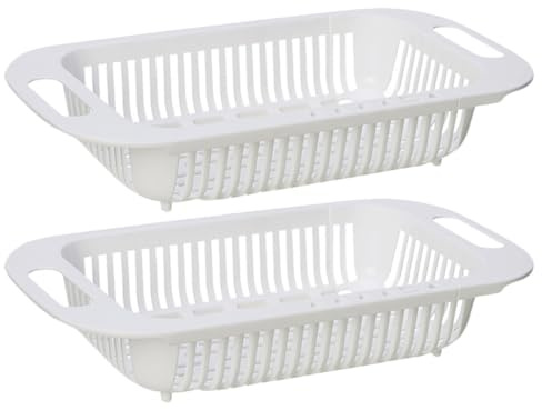 2 Pezzi Cestello Scolapasta Estensibile, Pp, Bianco per Lavello | Lavaggio e Drenaggio di Verdure e Frutta in Cucina, Forma Rettangolare, Uso Quotidiano