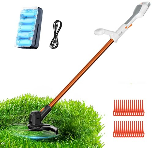 Litheli Desbrozadora con batería de 20 V, 25 cm con 30 cuchillas de plástico, cortador de bordes con batería de 2,0 Ah, cortacésped eléctrico para jardín, cuidado del césped y malas hierbas