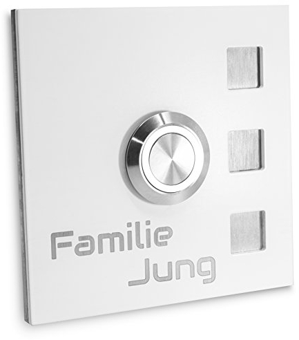 Jung-Edelstahl-Design Türklingel mit Gravur Köln Klingelplatte 7 x 7 cm. Led Taster. Weiss pulverbeschichtetes Klingelschild V2a Edelstahl. (LED weiß)