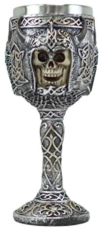 Ebros Viking Berserker Skull With Bison Horned Helmet Wine Goblet 7oz With Celtic Knotwork Patterns Vintage Chalice Cup With Food Safe Stainless Steel Liner As Halloween Ossuary Macabre Skulls Accent