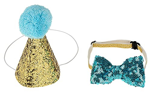 Oumefar 2 Stück Nettes Haustier Hund Katze Geburtstag Kappen Bowknot Haustier Geburtstagsgeschenk Kegel Hut Krone Fliege Kragen Set für Haustiere Geburtstagsfeier(Blau)