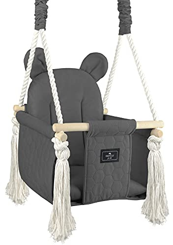 NATILU® Babyschaukel Indoor Outdoor | Bär Quilted Graphite | Schaukel | Kinderschaukel | Kindergartenschaukel | Kleinkindschaukel | Holzschaukel | Schaukelsitz | Swing ab 6M+ für Zuhause, Garten