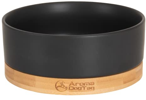 AromaDogTag Hundenapf Amoa aus Keramik mit Holz Unterteller schwarz Anti-Rutsch (Large)