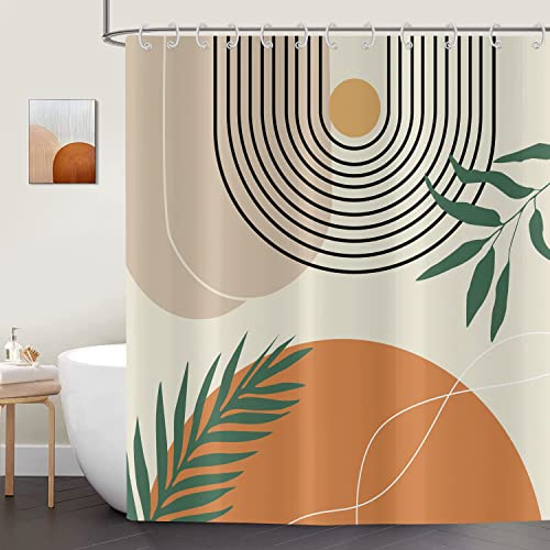 ASDCXZ Duschvorhang 165x180 cm Boho Style, Moderne Abstrakt Kunst Sonne Mond Blätter Beige Bad Waschbar Duschvorhänge Polyester Textil Wasserdicht Duschvorhang für Badewanne mit 12 Haken