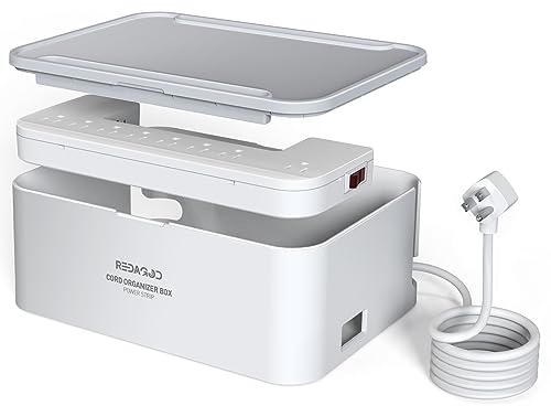 Redagod Steckdosenleiste mit Kabel-Organizer-Box (2500 W) mit Schalter, 5 AC-Anschlüsse + 3 USB-Anschlüsse (15,5 W), 2 m Kabel, 29,5 x 20,8 x 11,8 cm, Weiß