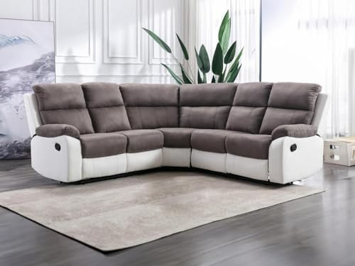 Vente-unique-Divano angolare relax in Microfibra e Similpelle Grigio e Bianco - TOLZANO