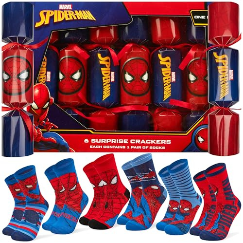 Disney Lilo Und Stitch Weihnachts Knallbonbons mit Socken, Marvel Mickey Mouse Frozen Christmas Crackers mit Lustige Socken - Kleine Geschenke Weihnachten (Rot/Blau Spiderman - Kind)