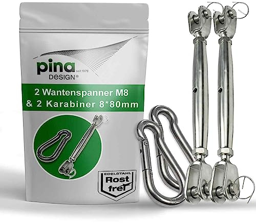 Pina DESIGN seit 1979 - Sonnensegel Befestigungset aus V4A Edelstahl | Set aus M8 Wantenspanner & 80mm Karabiner | Robuste Befestigung für Sonnensegel, Abdeckplane, Drahtseil oder Tarp (2 Paar)