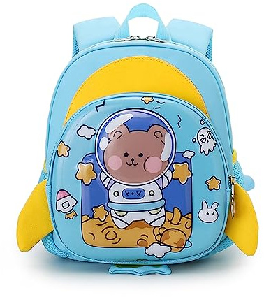 FANDARE Kinderrucksack mit Brustgurt 3D Cartoon Kinder Rucksack mit Leine Mädchen Junge Schulranzen Schultertasche Kindertasche Schulrucksack Kinder Rucksack mit Reflektierender Streifen Hellblau