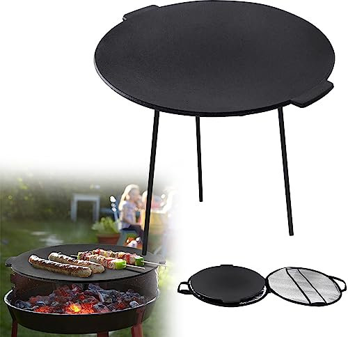 JOIEYOU Piastra per barbecue a gas, Ø 45 cm, per campeggio, barbecue, in ghisa, portatile, per barbecue a carbonella con 3 gambe e custodia