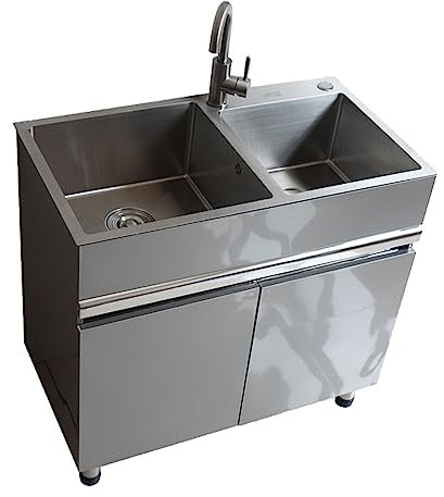 TRGCJGH Edelstahl 2 Becken Unterschrank Edelstahl Waschbecken Badmöbel Set Doppelwaschtisch für Badezimmer(82x45cm/32.2x17.7in)