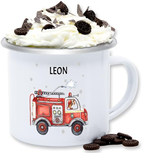 Emaille Tasse Blechtasse - Feuerwehr Auto I Feuerwehrauto I 112 I Fire Truck I Löschfahrzeug - 300 ml - Weiß Silber - kaffeebecher feuerwehrtasse jugendfeuerwehr feuerwehrautos becher