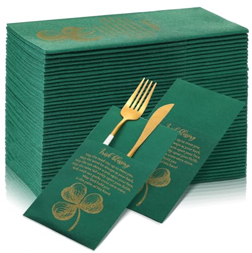 Tenceur 50 Pcs St. Patrick's Day Irish Blessing Paper Napkins 16x16'' Disposable Green Paper Napkins with Built in Flatware Pocket for Family Dinner Party Supplies Restaurants Daily Dinners