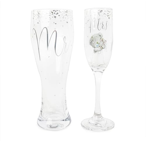 Me To You Tatty Teddy Mr & Mrs Coffret cadeau Verre à bière et flûte à champagne Collection officielle Mariage Argenté