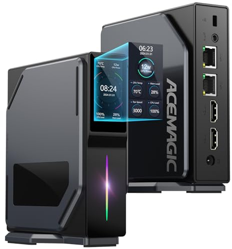 ACEMAGIC S1 Mini PC LCD, Ιntel Alder Lake-N97 (hasta 3,6 GHz), 16GB DDR4 512GB M.2 SSD Mini Ordenador de sobremesa Vertical, Mini Torre PC con RGB/WiFi 6/BT 5.2/4K UHD/Dual LAN para hogar/Oficina.