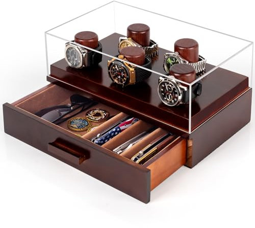 MIXPOET Uhrenbox für Herren mit 5 Säulen, Uhrenhalter Uhrenständer Aufbewahrungsbox Holz für Uhren und Schmuck mit Schublade, Acryl-Deckel