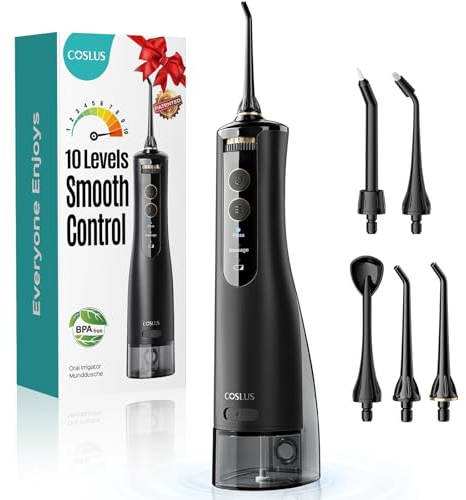 COSLUS E40 Portable Water Flosser for Teeth: 10 Pressure Settings Professional Water Dental Pick for Orthodontic, Braces & Sensitive Gums - Cordless for Travel Use, for Adults Teens, BPA-Free