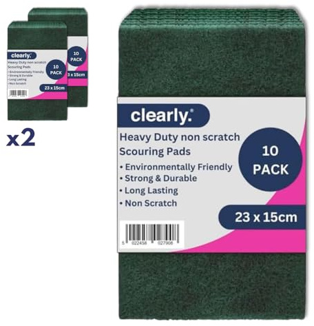 Clearly Scouring Pads, Pack 20 Cleaning Pads, Heavy Duty Kitchen Scourers, Non Scratch, Long Lasting Green Scouring Pads, Hygienic Dish Scrubber, Environmentally Friendly