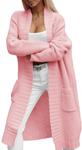 Imily Bela Cárdigan largo de punto grueso para mujer, con bolsillos, abrigo de punto de invierno, suéter frontal abierto, Rosa., M