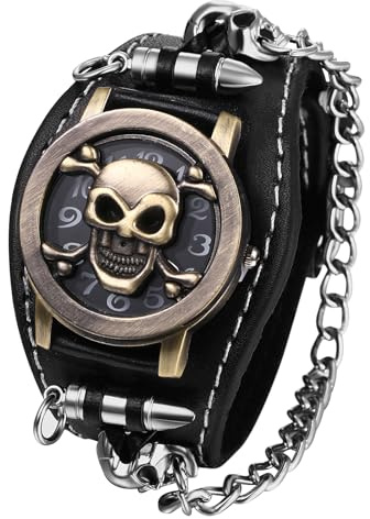 JewelryWe Totenkopf Uhren Herren Leder: Analog Quarz Armbanduhr Gothic Punk Schädel Patronenhülse Gewehrkugel Panzerkette Uhr mit Breit Leder Armband