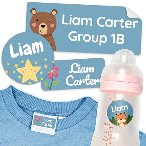 melu kids® Namensaufkleber Kinder Set - Kindergarten (150 Stk, Blau) | Selbstklebend und Waschmaschinenfest, Namensetiketten für Kindergarten & Schule, Aufkleber für Kleidung & Gegenstände