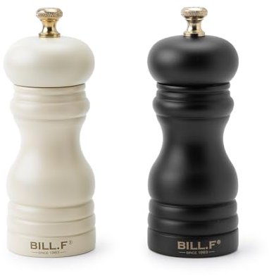 Bill.F Salz- und Pfeffermühlenset, Holzpfeffermühle 2er-Set manuelle Salz- und Pfefferstreuer Mühle nachfüllbar 13,5 cm mit einstellbarem Keramikmahlwerk (2er-Set Schwarz und Creme)