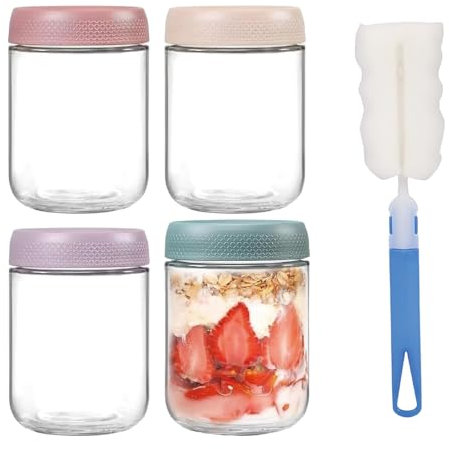 DYUEE 4-pack 16oz Glass jars with Airtight Screw Lids, Leakproof Overnight Oats Containers, Glass Clear Storage Canister for Snacks, Yogurt, Cereal, Fruit, Salad, Spice, Sugar, Coffee, Tea