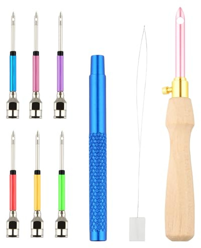 10 Stk Stanznadel Set, Verstellbar Holzgriff Stickstanznadel mit Köpfen in 7 Größen Metallgriff Einfädler für Erwachsene und Anfänger