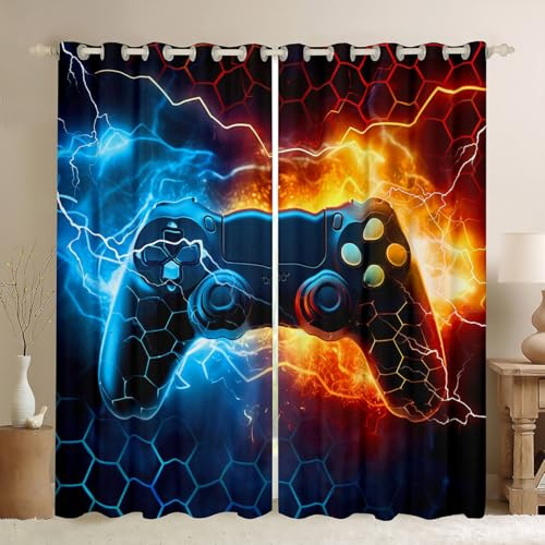 Loussiesd Kinder Jungen Blau Rot Gamer Blankout Vorhänge Honeycomb Gaming Gardinen für Blitz Gamepad Blickdichte Vorhänge Spielraum Dekor Fenstervorhang 137x117cm