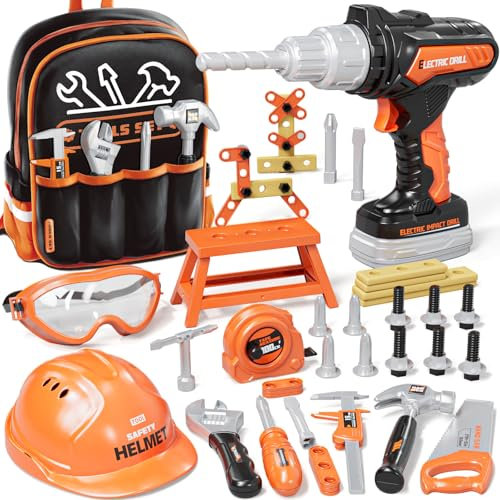 KidBloom Kids Tool Set with Backpack, 50 PCS Construction Tools with Electric Toy Drill, Helmet and DIY Building Parts, Toys for 3 4 Year Old Boys Gifts
