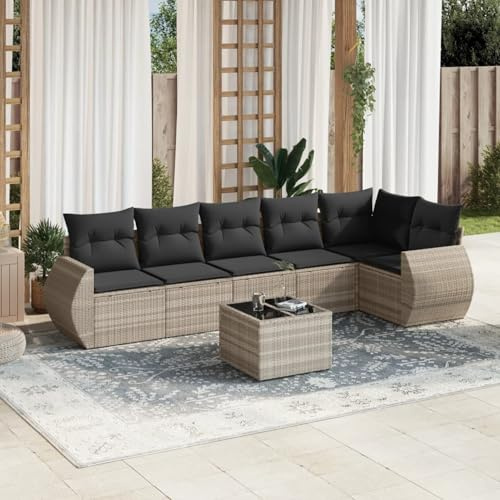 IKAYAA Gartenlounge mit Stauraum Rattan Gartenmöbel Set mit Stauraum Balkon Lounge Balkonsofa Kleiner Balkon Gartensofa Ecksofa Rattansofa Lounge Sofa Outdoor-Hellgrau-7-tlg Typ 4