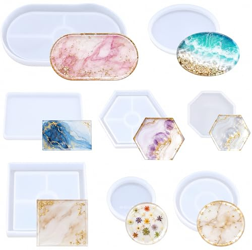 MoguGo 8 Stück Silikonform Tablett Set, Silikonformen Gießformen für Epoxidharz & Beton, Silikonform Untersetzer & Tablett Formen, Epoxidharz Formen DIY Deko, Schmuckablage, Wohnaccessoires