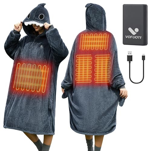 Vofuoti Couverture à capuche chauffante,avec manches,sans fil,avec batterie,10 000 mAh,cadeau pour femme,couverture portable à enfiler,cadeau de Noël pour petite amie,mère 75 x 110 cm(Requin Gris)