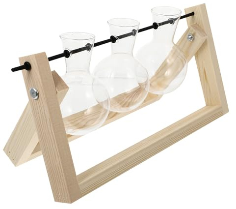 HYTROVE Wooden Stand Glass Hydroponic Planter Bulb Vase 3 Spheres Natural Wood Color Desktop Indoor Decor Table Decoration for Home Office