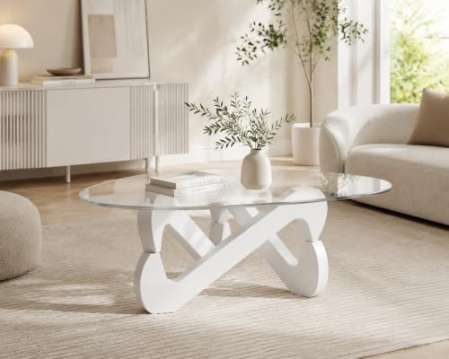 TWSOUL Mesa de centro triangular de cristal, mesa de centro moderna con base triangular de madera maciza y vidrio templado grueso, mesa auxiliar, mesa de café elegante para sala de estar o terraza