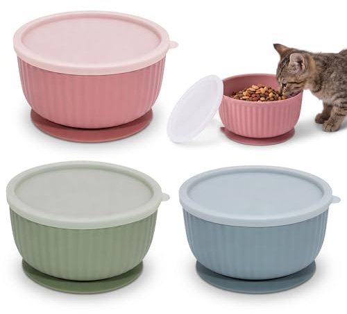 3 Stück Silikon Katzennäpfe mit Deckel, Katzennäpf Silikon rutschfeste Futternapf Katze Saugnapf Futternäpfe Set Katzen Napf Gestreiftes Design für Kätzchen und Kleine Hunde (Blau Grün Rosa)