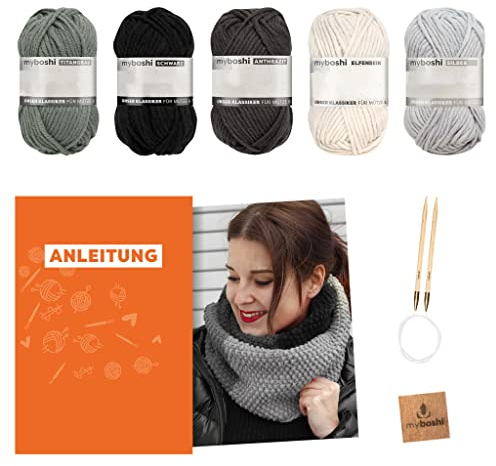myboshi Strickset Schal New Haven, inkl. No.1 Wolle, Rundstricknadel, Anleitung und Label, Strickpaket für Anfänger, 30% Merinowolle, Grau, mit Rundstricknadel