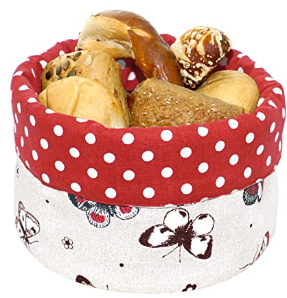 Lashuma Brotkorb rund, Krempelkorb Ø 22 cm Höhe: 13 cm, Stoffkörbchen beige - rot Druck: Schmetterlinge