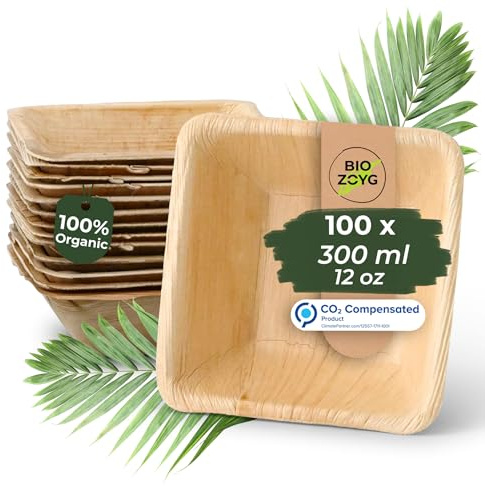 BIOZOYG Palmblatt Geschirr, Schale 100 Stück 300 ml 13 cm quadratisch - Einweg Suppenteller Salatschale kompostierbar Palmblatt Schüssel - Einweg Bowl Partygeschirr