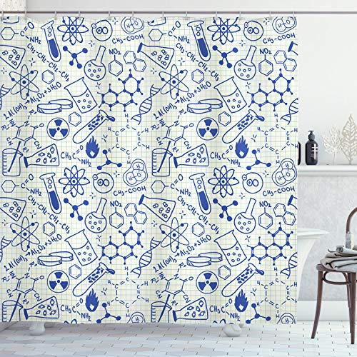 ABAKUHAUS Wissenschaft Duschvorhang, Geometrie Chemie Theme, Stoffliches Gewebe Badezimmerdekorationsset mit Haken, 175 x 180 cm, Blau und Elfenbein
