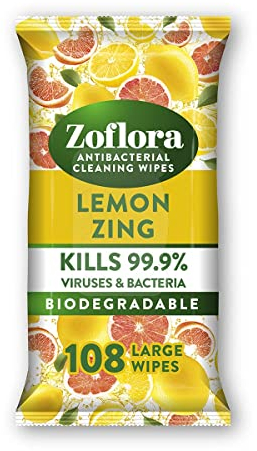 Zoflora Lemon Zing 108 Large Wipes, Antibacterial Multi-surface Cleaning Wipes Convenient, Quick Cleaning